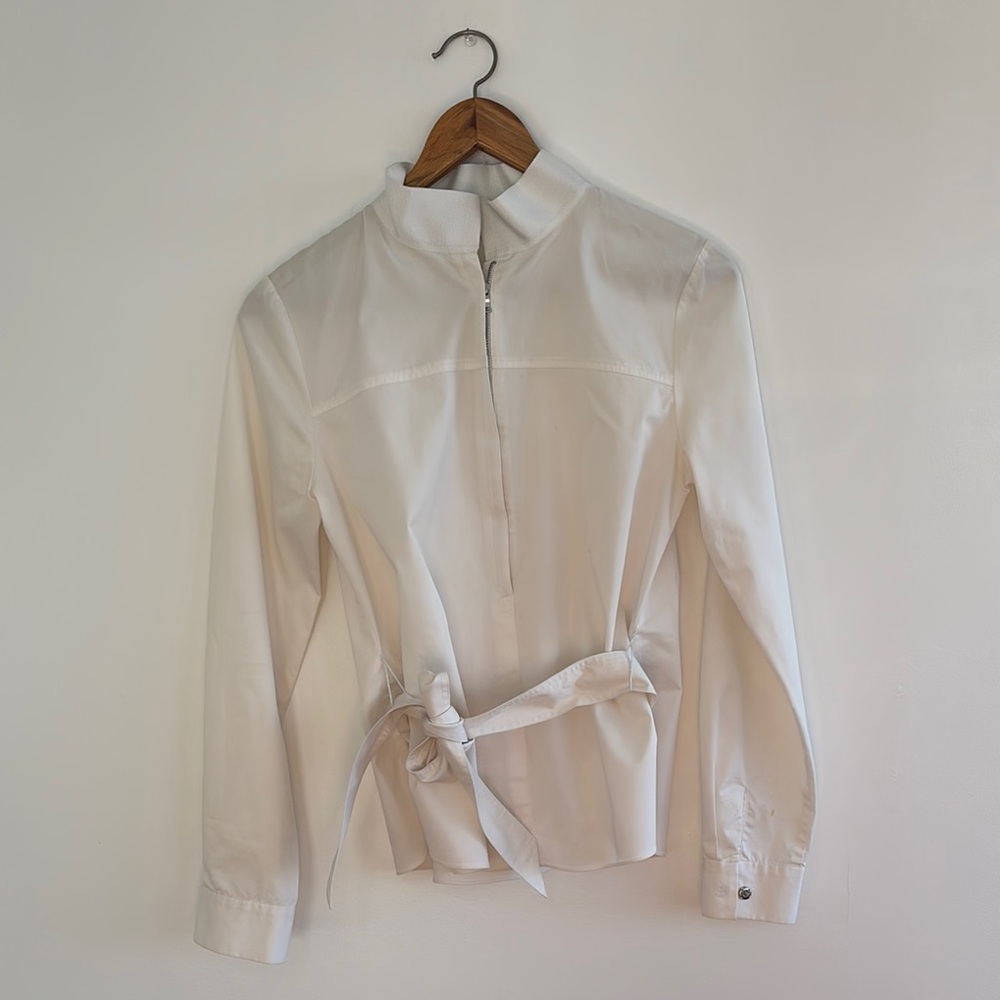 White Zip-Up Blouse with Belt